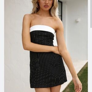 Hello Molly Black Pinstripe Strapless Mini Dress with White Bandeau